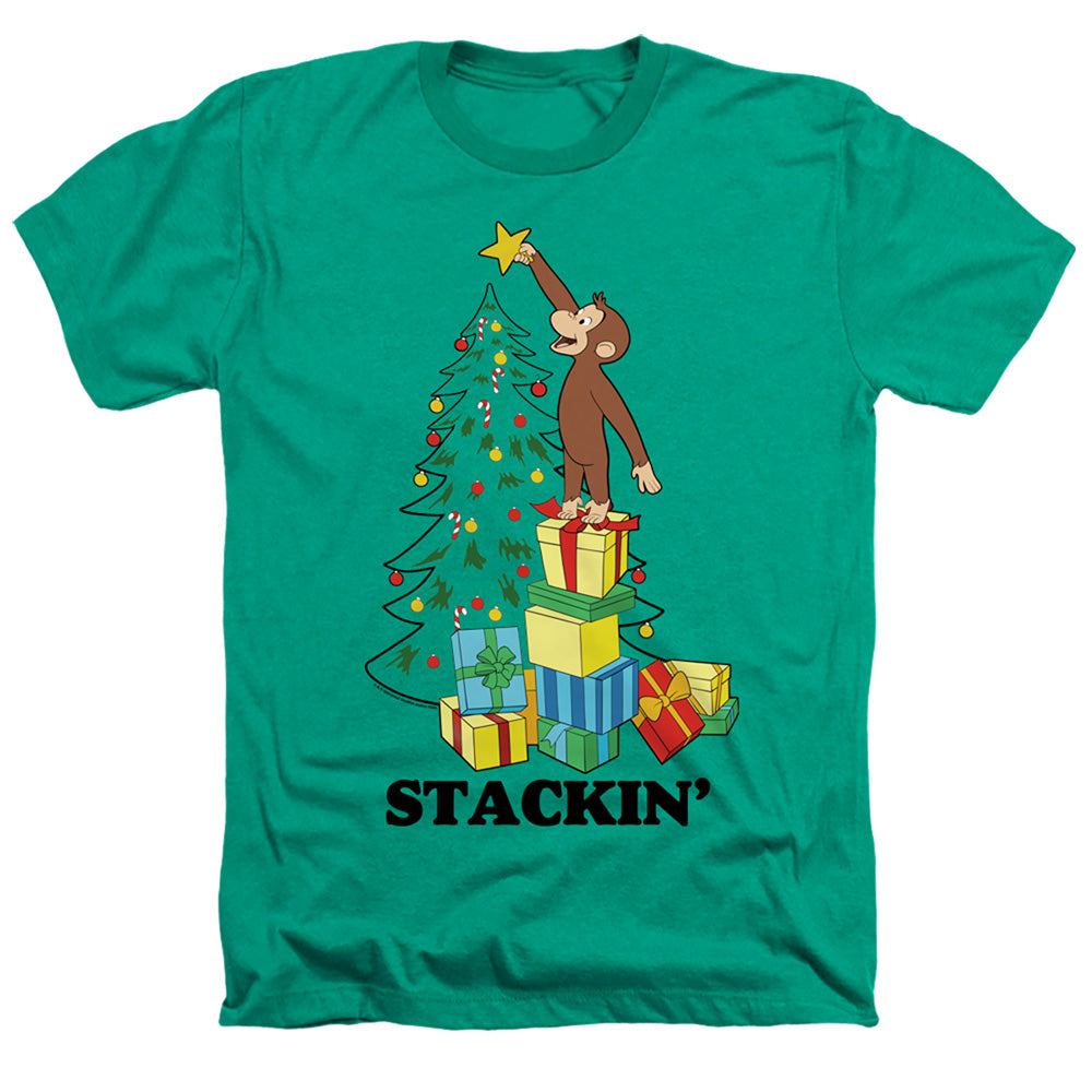 AN OFFCIALLY LICENSED CURIOUS GEORGE STACKIN MEN'S HEATHER T-SHIRT KELLY GREEN