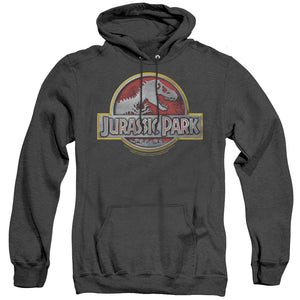 AN OFFCIALLY LICENSED JURASSIC PARK LOGO ADULT UNISEX HEATHER PULLOVER HOODIE BLACK
