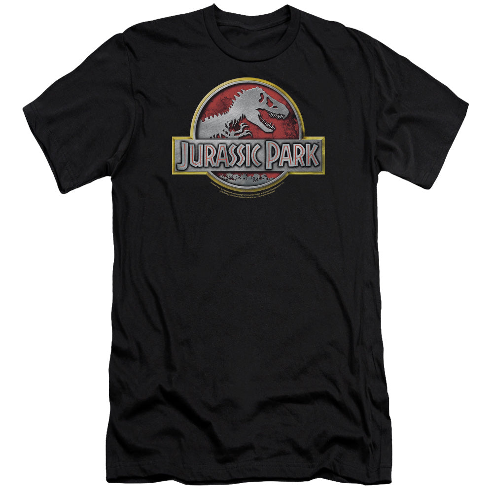 AN OFFCIALLY LICENSED JURASSIC PARK LOGO MEN'S PREMIUM SLIM FIT T-SHIRT BLACK