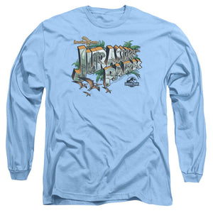 AN OFFCIALLY LICENSED JURASSIC PARK GREETINGS FROM JP MEN'S LONG SLEEVE T-SHIRT CAROLINA BLUE