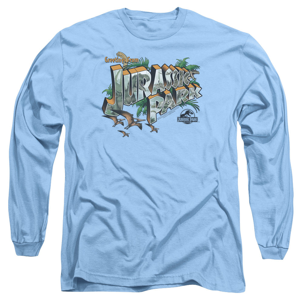 AN OFFCIALLY LICENSED JURASSIC PARK GREETINGS FROM JP MEN'S LONG SLEEVE T-SHIRT CAROLINA BLUE
