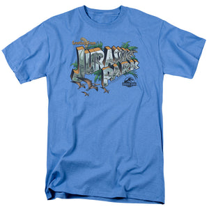 AN OFFCIALLY LICENSED JURASSIC PARK GREETINGS FROM JP MEN'S REGULAR FIT T-SHIRT CAROLINA BLUE