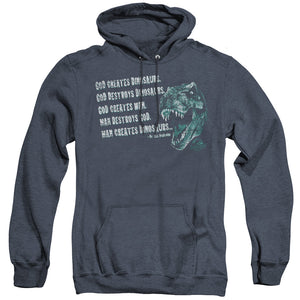 AN OFFCIALLY LICENSED JURASSIC PARK GOD CREATES DINOSAURS ADULT UNISEX HEATHER PULLOVER HOODIE NAVY