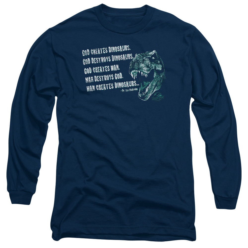 AN OFFCIALLY LICENSED JURASSIC PARK GOD CREATES DINOSAURS MEN'S LONG SLEEVE T-SHIRT NAVY