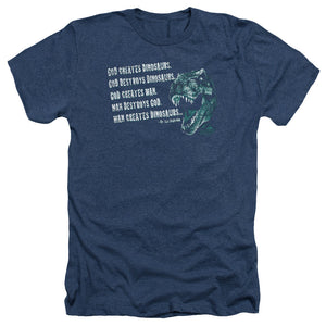 AN OFFCIALLY LICENSED JURASSIC PARK GOD CREATES DINOSAURS MEN'S HEATHER T-SHIRT NAVY
