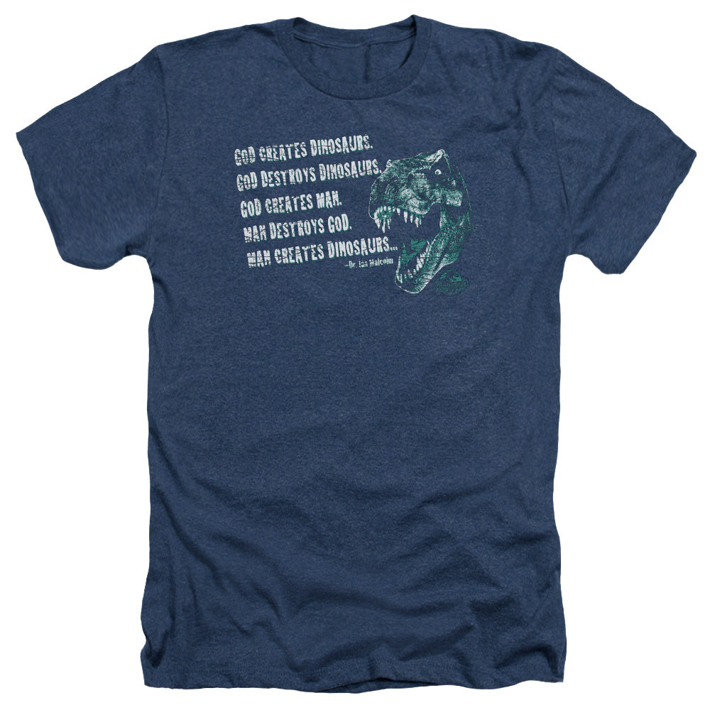 AN OFFCIALLY LICENSED JURASSIC PARK GOD CREATES DINOSAURS MEN'S HEATHER T-SHIRT NAVY