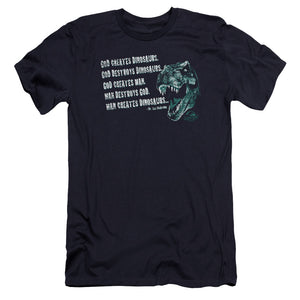 AN OFFCIALLY LICENSED JURASSIC PARK GOD CREATES DINOSAURS MEN'S PREMIUM SLIM FIT T-SHIRT NAVY