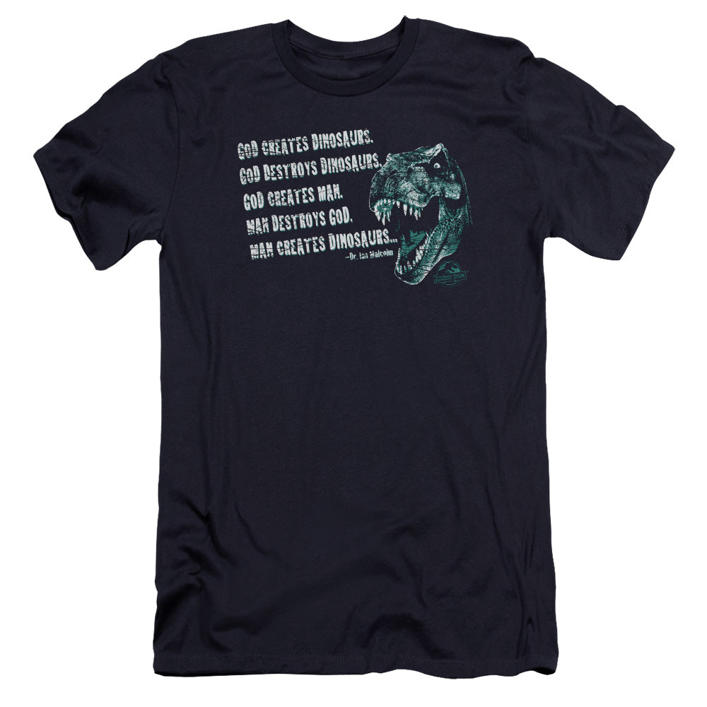 AN OFFCIALLY LICENSED JURASSIC PARK GOD CREATES DINOSAURS MEN'S PREMIUM SLIM FIT T-SHIRT NAVY