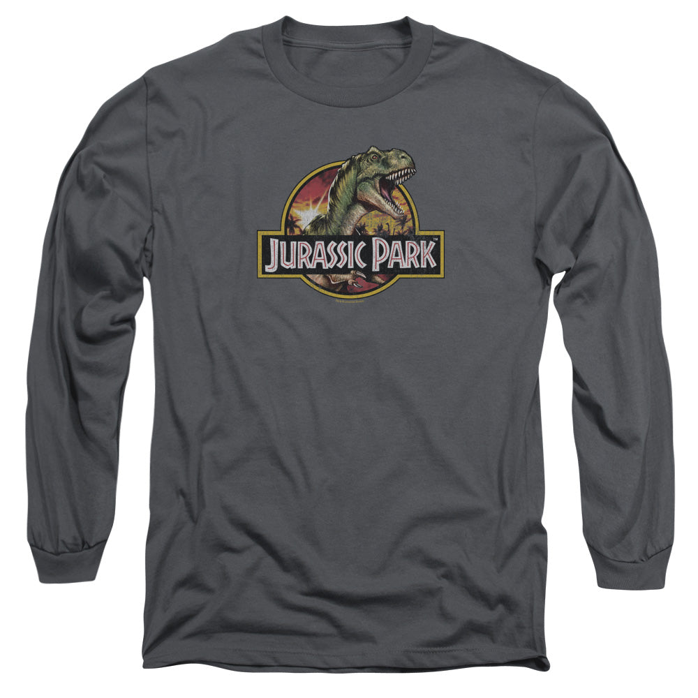 AN OFFCIALLY LICENSED JURASSIC PARK RETRO REX MEN'S LONG SLEEVE T-SHIRT CHARCOAL
