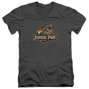 AN OFFCIALLY LICENSED JURASSIC PARK RETRO REX MEN'S V-NECK T-SHIRT CHARCOAL