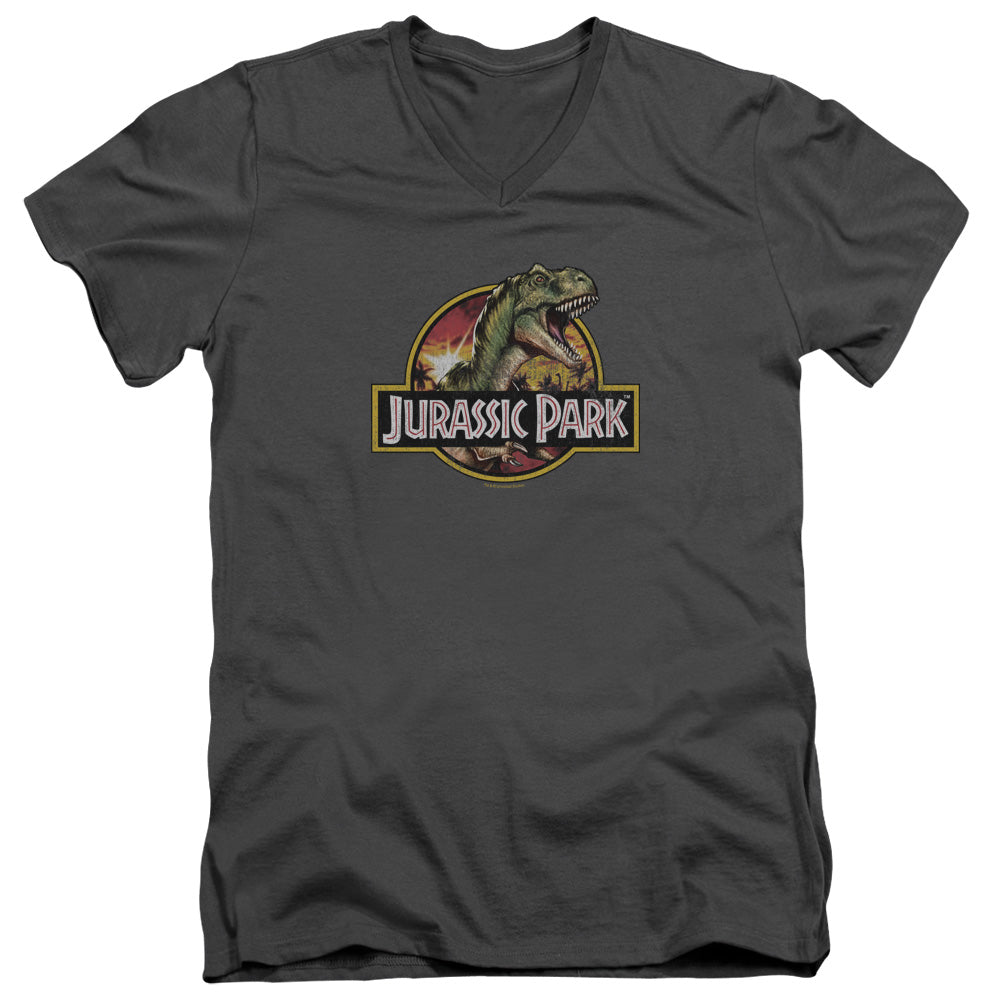 AN OFFCIALLY LICENSED JURASSIC PARK RETRO REX MEN'S V-NECK T-SHIRT CHARCOAL