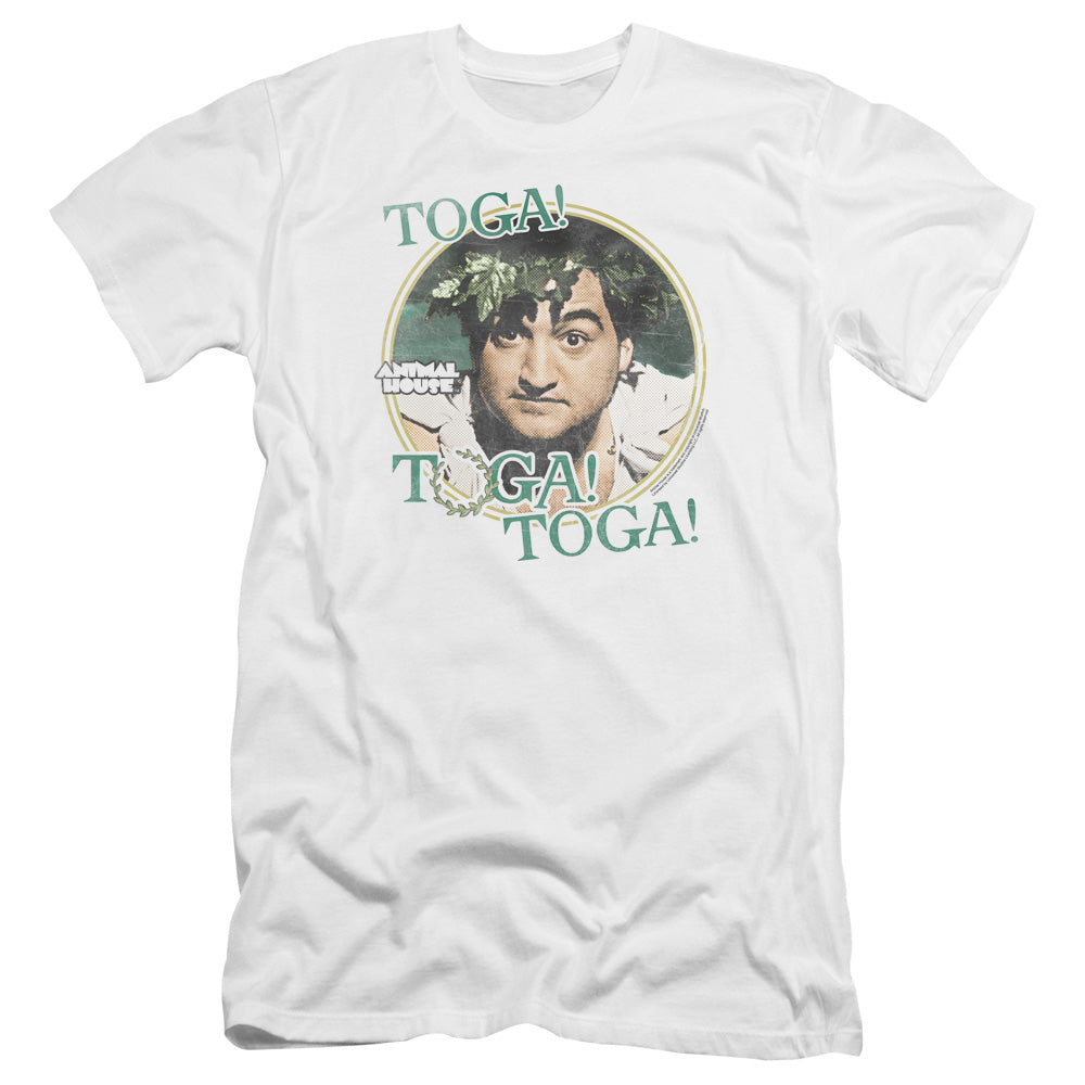 AN OFFCIALLY LICENSED ANIMAL HOUSE TOGA MEN'S PREMIUM SLIM FIT T-SHIRT WHITE