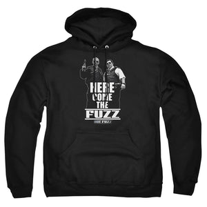 AN OFFCIALLY LICENSED HOT FUZZ HERE COME THE FUZZ ADULT UNISEX PULLOVER HOODIE BLACK