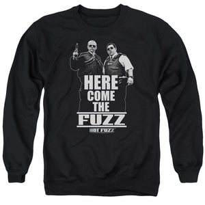 AN OFFCIALLY LICENSED HOT FUZZ HERE COME THE FUZZ ADULT UNISEX CREWNECK SWEATSHIRT BLACK