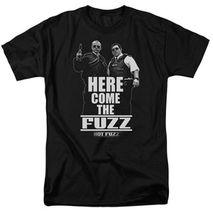 AN OFFCIALLY LICENSED HOT FUZZ HERE COME THE FUZZ MEN'S REGULAR FIT T-SHIRT BLACK