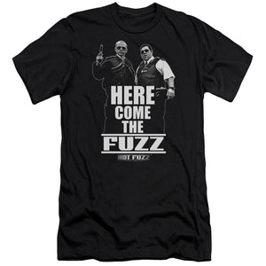 AN OFFCIALLY LICENSED HOT FUZZ HERE COME THE FUZZ MEN'S PREMIUM SLIM FIT T-SHIRT BLACK