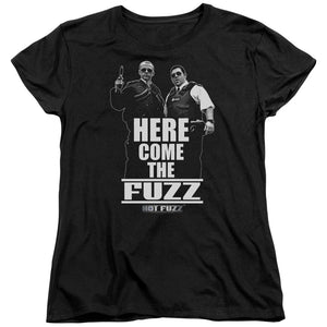 AN OFFCIALLY LICENSED HOT FUZZ HERE COME THE FUZZ WOMEN'S REGULAR FIT T-SHIRT BLACK