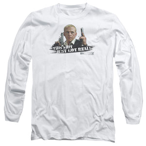 AN OFFCIALLY LICENSED HOT FUZZ JUST GOT REAL MEN'S LONG SLEEVE T-SHIRT WHITE