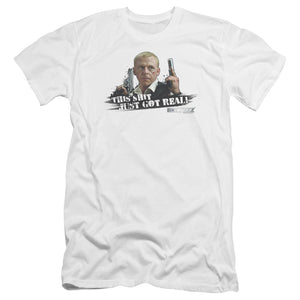 AN OFFCIALLY LICENSED HOT FUZZ JUST GOT REAL MEN'S PREMIUM SLIM FIT T-SHIRT WHITE