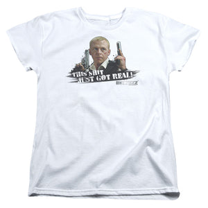 AN OFFCIALLY LICENSED HOT FUZZ JUST GOT REAL WOMEN'S REGULAR FIT T-SHIRT WHITE