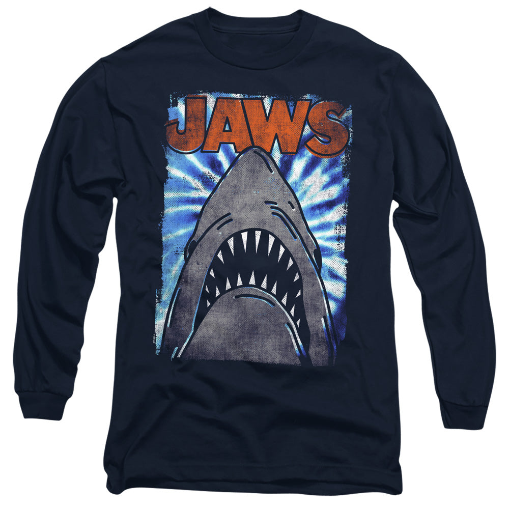 AN OFFCIALLY LICENSED JAWS OCEAN TIE DYE MEN'S LONG SLEEVE T-SHIRT NAVY