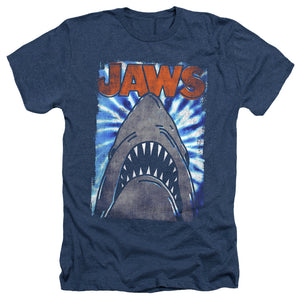 AN OFFCIALLY LICENSED JAWS OCEAN TIE DYE MEN'S HEATHER T-SHIRT NAVY
