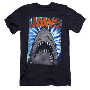 AN OFFCIALLY LICENSED JAWS OCEAN TIE DYE MEN'S PREMIUM SLIM FIT T-SHIRT NAVY