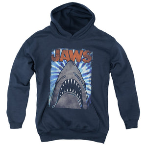 AN OFFCIALLY LICENSED JAWS OCEAN TIE DYE YOUTH HOODIE NAVY