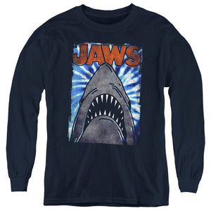 AN OFFCIALLY LICENSED JAWS OCEAN TIE DYE YOUTH LONG SLEEVE T-SHIRT NAVY