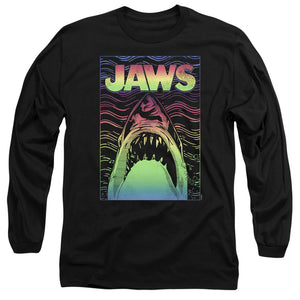 AN OFFCIALLY LICENSED JAWS NEON LINE ART POSTER MEN'S LONG SLEEVE T-SHIRT BLACK