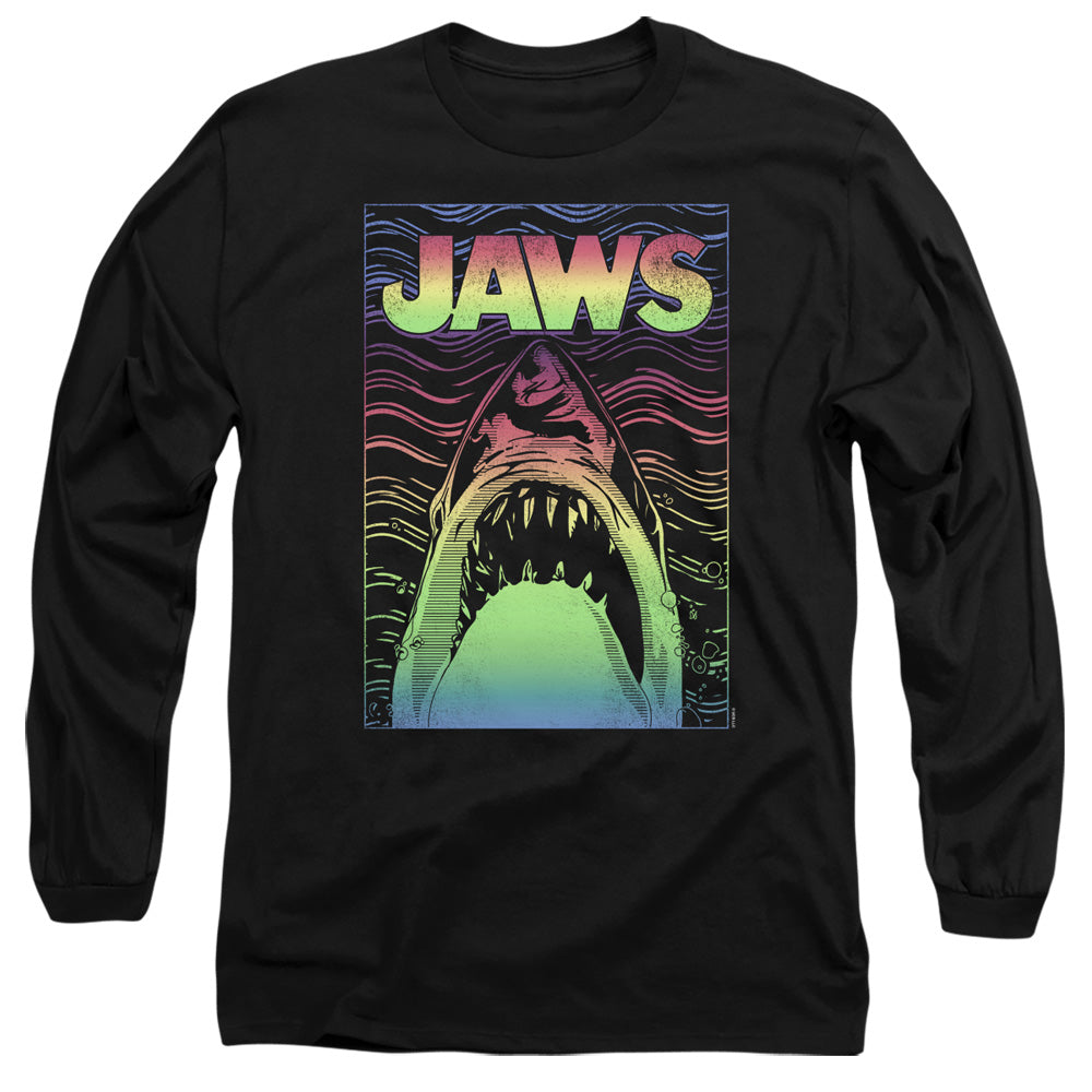 AN OFFCIALLY LICENSED JAWS NEON LINE ART POSTER MEN'S LONG SLEEVE T-SHIRT BLACK