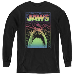 AN OFFCIALLY LICENSED JAWS NEON LINE ART POSTER YOUTH LONG SLEEVE T-SHIRT BLACK