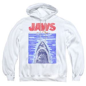 AN OFFCIALLY LICENSED JAWS SCRIBBLE POSTER ADULT UNISEX PULLOVER HOODIE WHITE
