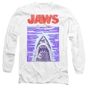 AN OFFCIALLY LICENSED JAWS SCRIBBLE POSTER MEN'S LONG SLEEVE T-SHIRT WHITE