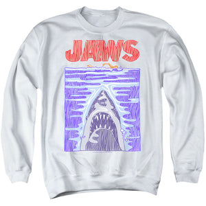 AN OFFCIALLY LICENSED JAWS SCRIBBLE POSTER ADULT UNISEX CREWNECK SWEATSHIRT WHITE