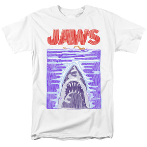 AN OFFCIALLY LICENSED JAWS SCRIBBLE POSTER MEN'S REGULAR FIT T-SHIRT WHITE