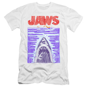 AN OFFCIALLY LICENSED JAWS SCRIBBLE POSTER MEN'S PREMIUM SLIM FIT T-SHIRT WHITE