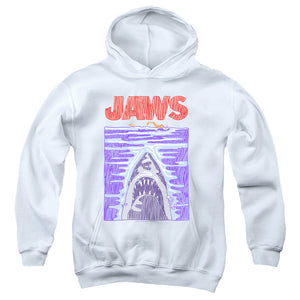 AN OFFCIALLY LICENSED JAWS SCRIBBLE POSTER YOUTH HOODIE WHITE