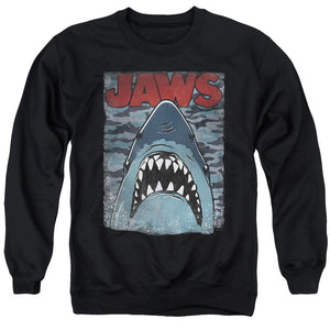 AN OFFCIALLY LICENSED JAWS CAMO JAWS ADULT UNISEX CREWNECK SWEATSHIRT BLACK