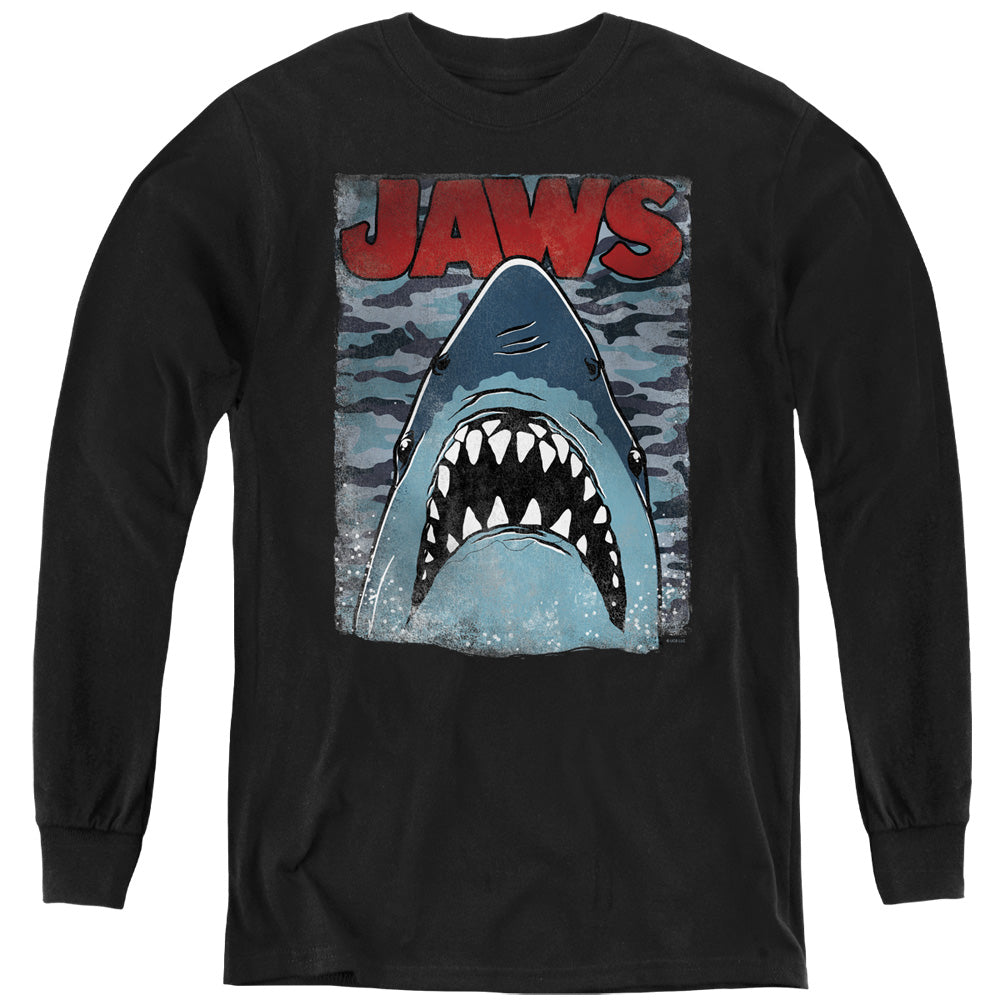 AN OFFCIALLY LICENSED JAWS CAMO JAWS YOUTH LONG SLEEVE T-SHIRT BLACK