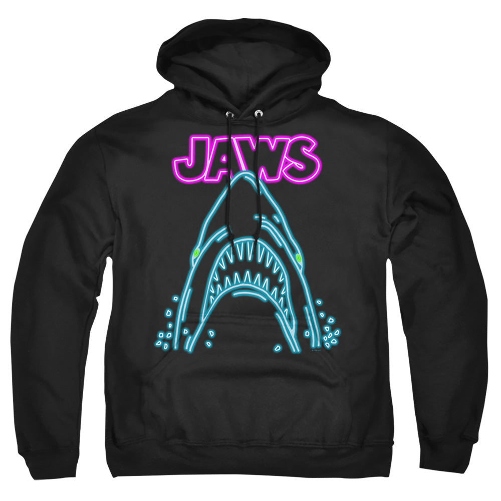 AN OFFCIALLY LICENSED JAWS NEON JAWS ADULT UNISEX PULLOVER HOODIE BLACK