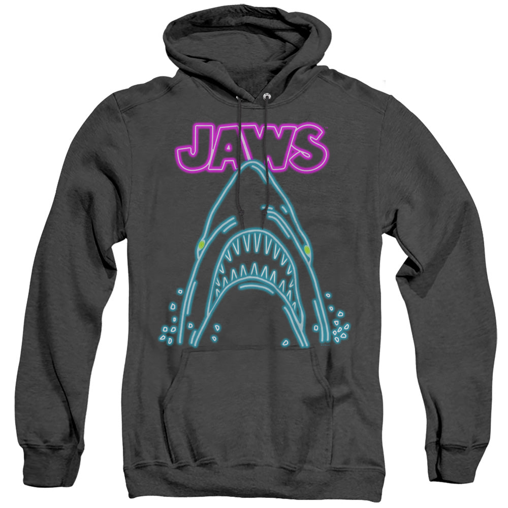 AN OFFCIALLY LICENSED JAWS NEON JAWS ADULT UNISEX HEATHER PULLOVER HOODIE BLACK