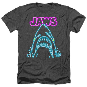 AN OFFCIALLY LICENSED JAWS NEON JAWS MEN'S HEATHER T-SHIRT CHARCOAL
