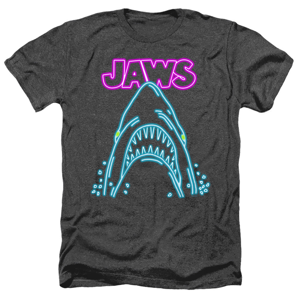AN OFFCIALLY LICENSED JAWS NEON JAWS MEN'S HEATHER T-SHIRT CHARCOAL