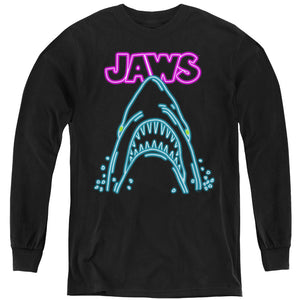 AN OFFCIALLY LICENSED JAWS NEON JAWS YOUTH LONG SLEEVE T-SHIRT BLACK