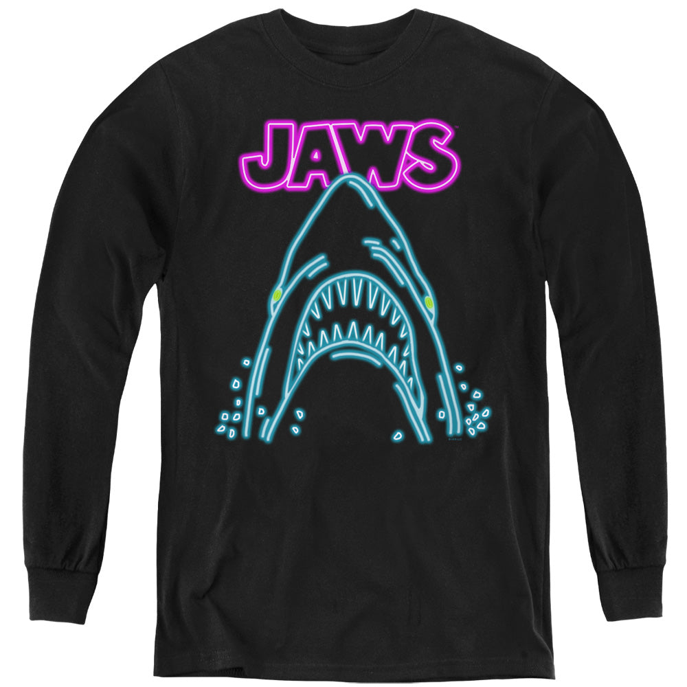 AN OFFCIALLY LICENSED JAWS NEON JAWS YOUTH LONG SLEEVE T-SHIRT BLACK