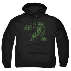 AN OFFCIALLY LICENSED JURASSIC PARK RAPTOR MOUNT ADULT UNISEX PULLOVER HOODIE BLACK