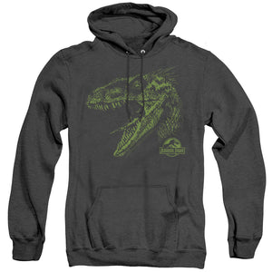 AN OFFCIALLY LICENSED JURASSIC PARK RAPTOR MOUNT ADULT UNISEX HEATHER PULLOVER HOODIE BLACK
