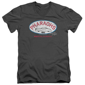 AN OFFCIALLY LICENSED AMERICAN GRAFFITI PHARAOHS MEN'S V-NECK T-SHIRT CHARCOAL