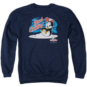 AN OFFCIALLY LICENSED CHILLY WILLY JUST CHILLIN ADULT UNISEX CREWNECK SWEATSHIRT NAVY